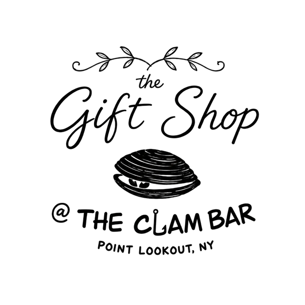 Black hand-lettered text reading 'the Gift Shop @ THE CLAM BAR' with 'POINT LOOKOUT, NY' below, plus a simple clam illustration and leafy flourish, on a white background.